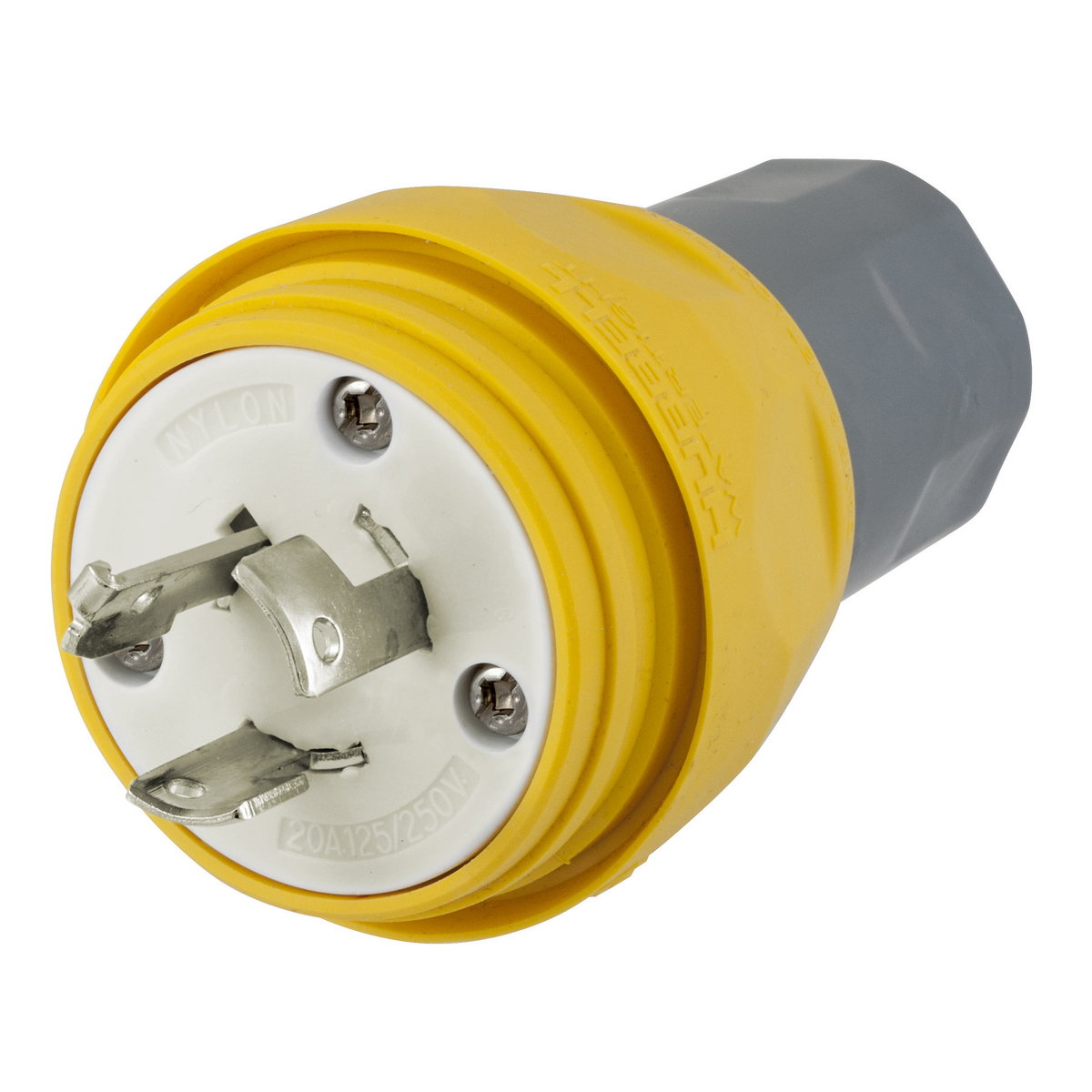 HBL26W08 1-Phase Non-Grounding Portable Standard Sized Watertight Cord Mount Male Plug, 125/250 V AC, 20 A, 3 Poles, 3 Wires, Yellow
