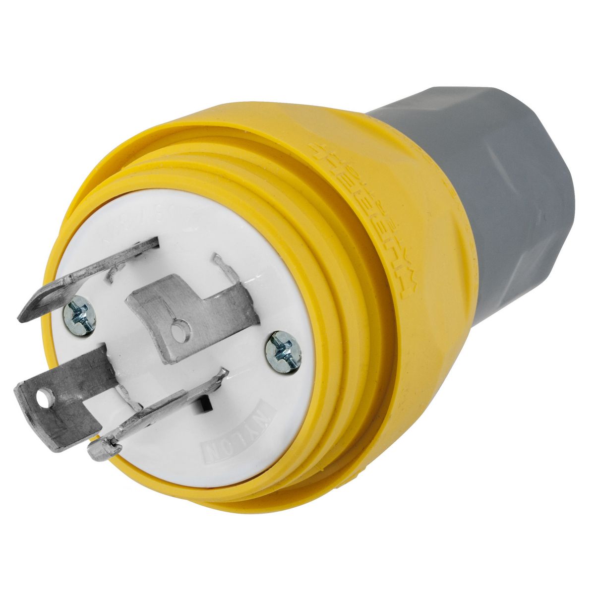 HBL26W09 3-Phase Male Non-Grounding Standard Watertight Cord Mount Locking Plug, 120/208 VAC, 20 A, 4 Poles, 4 Wires, Yellow