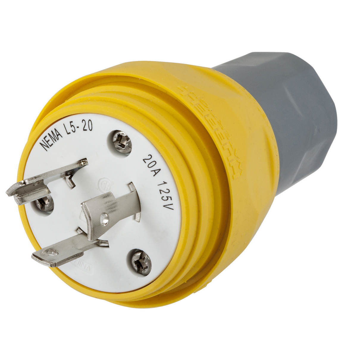 HBL26W47 1-Phase Non-Shrouded Watertight Cord Mount Locking Plug, 125 V AC, 20 A, 2 Poles, 3 Wires, Yellow