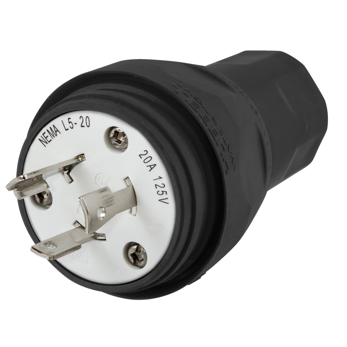 HBL26W47BK 1-Phase Grounding Portable Standard Sized Water/Dust-Tight Cord Mount Watertight Locking Male Plug, 125 V AC, 20 A, 2 Poles, 3 Wires, Black