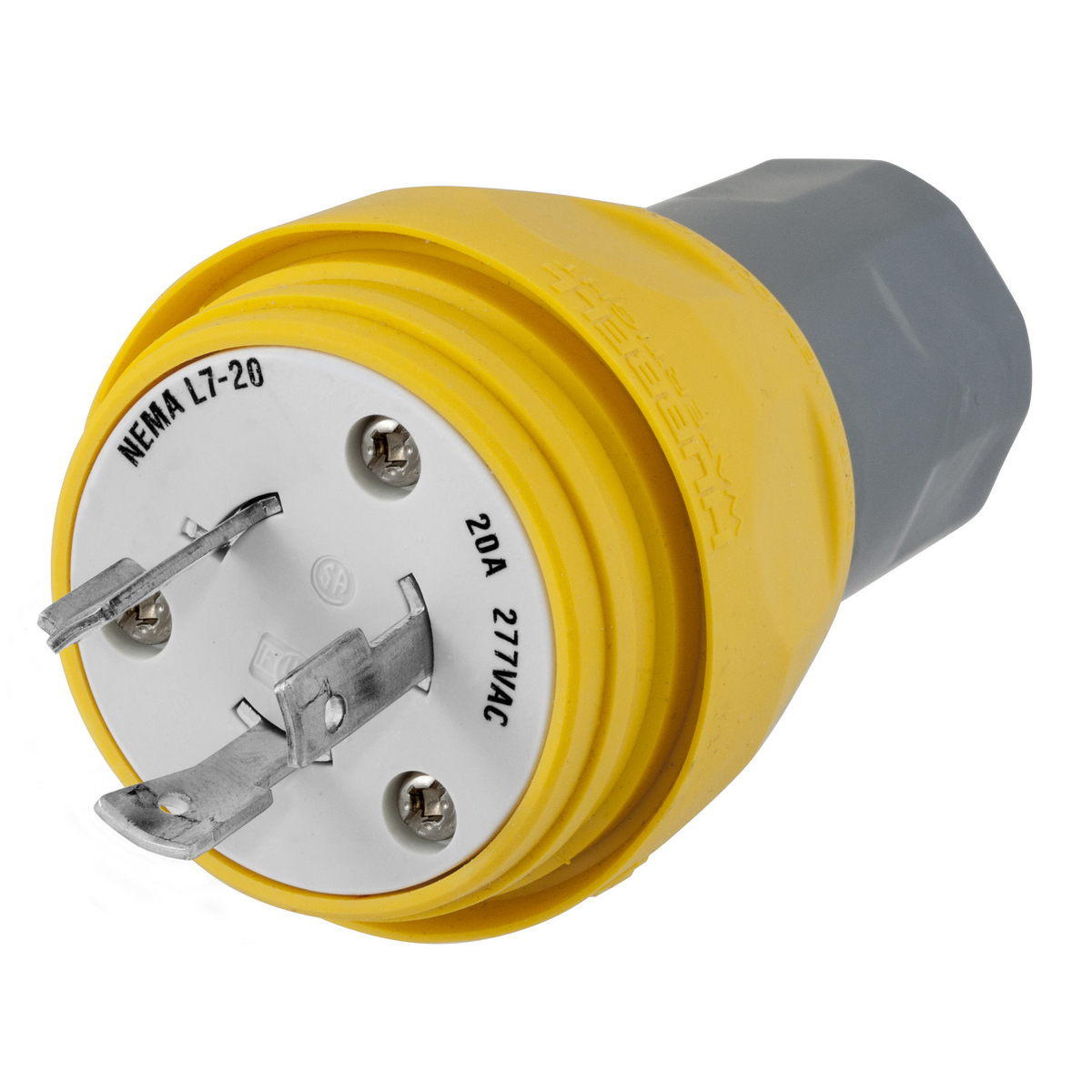 HBL26W49 1-Phase Grounding Male Standard Cord Mount Watertight Locking Plug, 277 V AC, 20 A, 2 Poles, 3 Wires, Yellow
