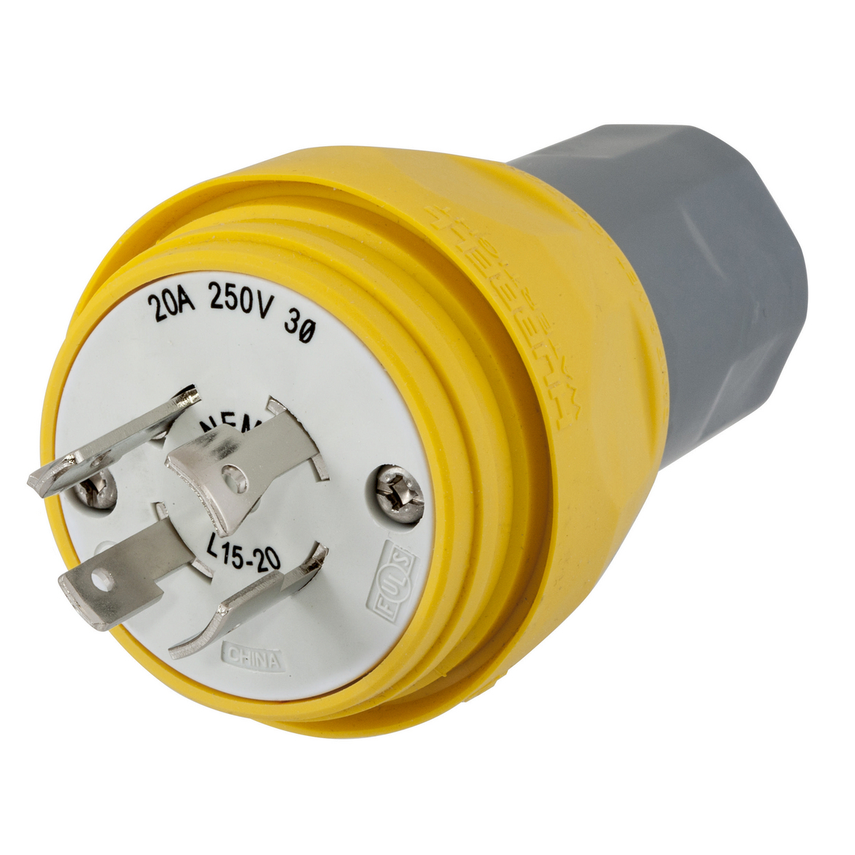 HBL26W75 3-Phase Non-Shrouded Watertight Cord Mount Locking Plug, 250 V AC, 20 A, 3 Poles, 4 Wires, Yellow
