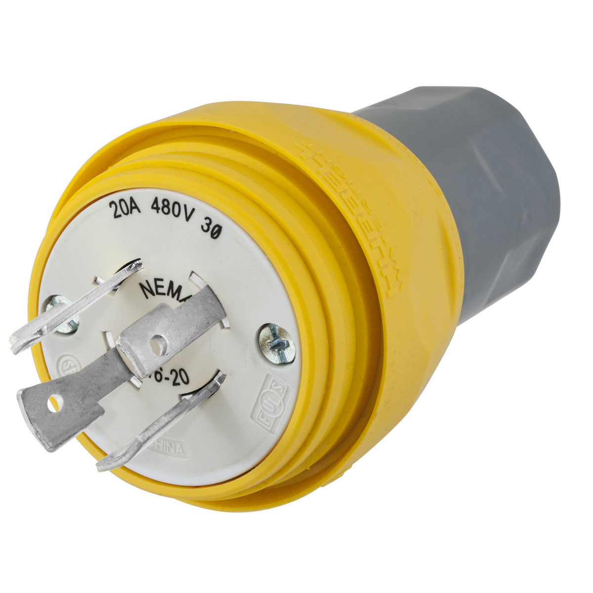 HBL26W76 3-Phase Non-Shrouded Watertight Cord Mount Locking Plug, 480 V AC, 20 A, 3 Poles, 4 Wires, Yellow