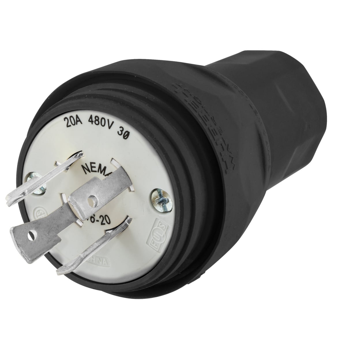 HBL26W76BK 3-Phase Grounding Male Standard Cord Mount Watertight Locking Plug, 480 V AC, 20 A, 3 Poles, 4 Wires, Black