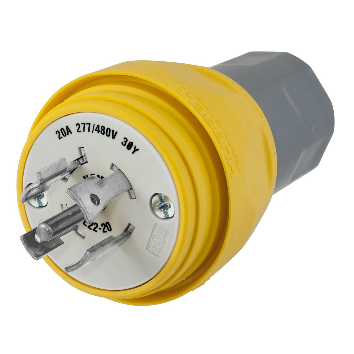 HBL26W82 3-Phase Grounding Male Standard Cord Mount Watertight Locking Plug, 277/480 V AC, 20 A, 4 Poles, 5 Wires, Yellow
