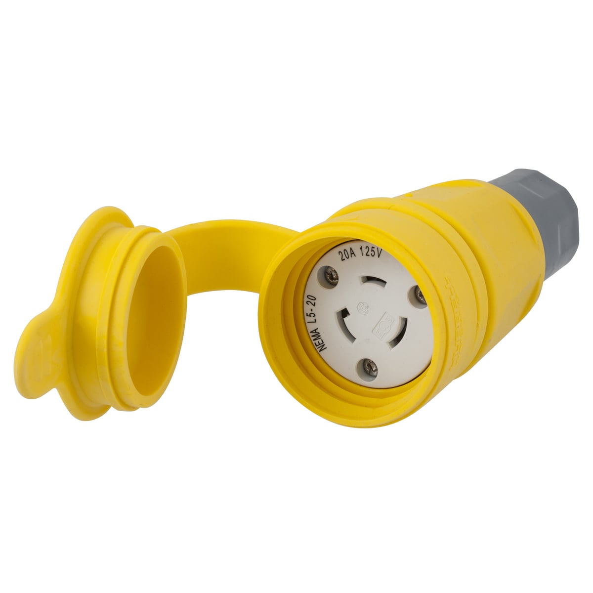 HBL27W47 Dust/Watertight Grounding Isolated Insulated Standard Cord Mount Female Connector, 125 V AC, 20 A, 2 Poles, 3 Wires, Yellow