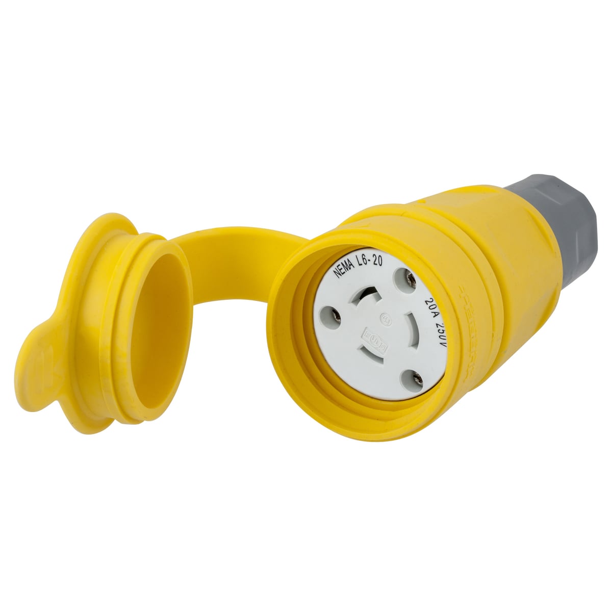 HBL27W48 Dust/Watertight Grounding Isolated Insulated Standard Cord Mount Female Connector, 250 V AC, 20 A, 2 Poles, 3 Wires, Yellow