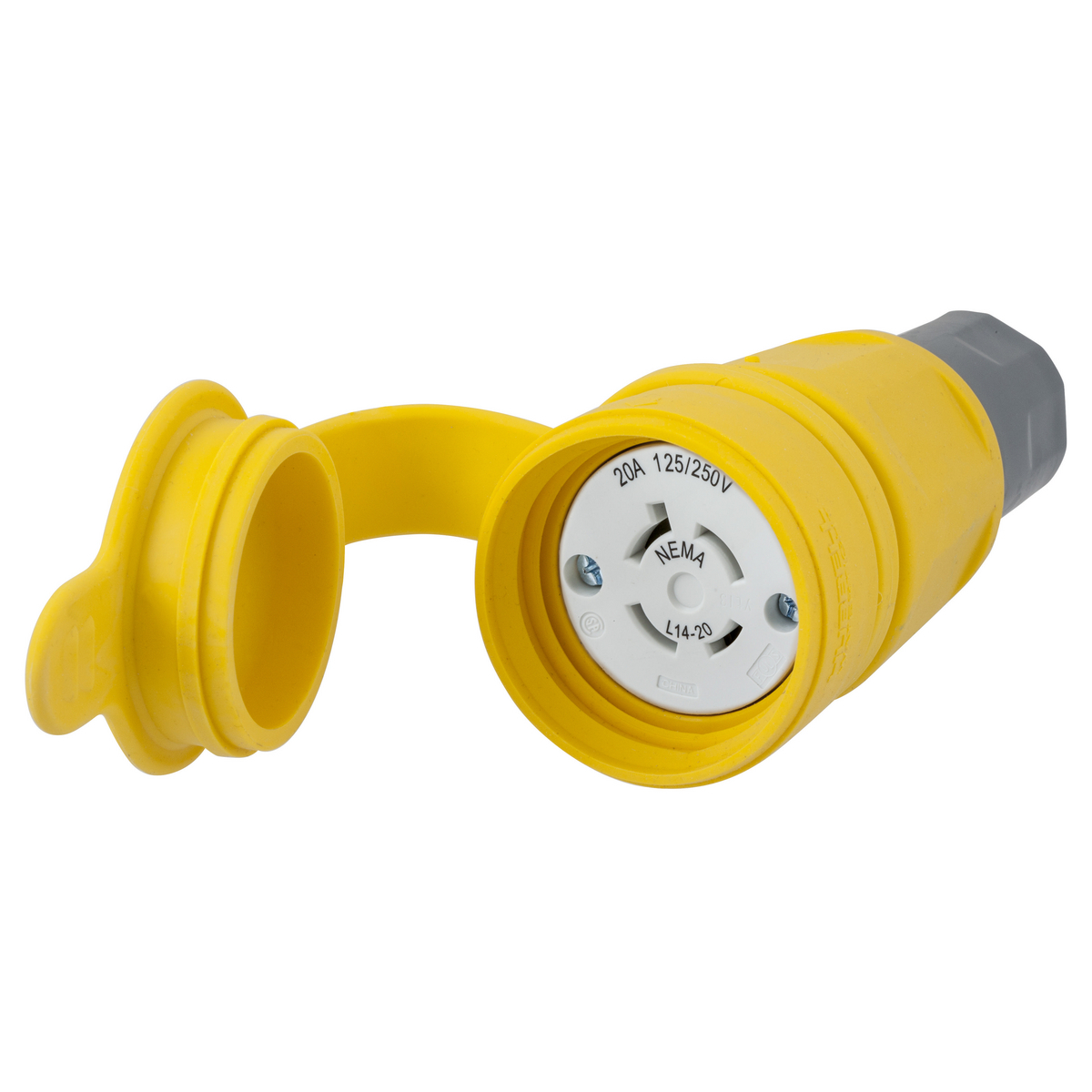 HBL27W74 Standard Sized Water/Dust-Tight Grounding Cord Mount Watertight Locking Connector, 125/250 V AC, 20 A, 3 Poles, 4 Wires, Yellow