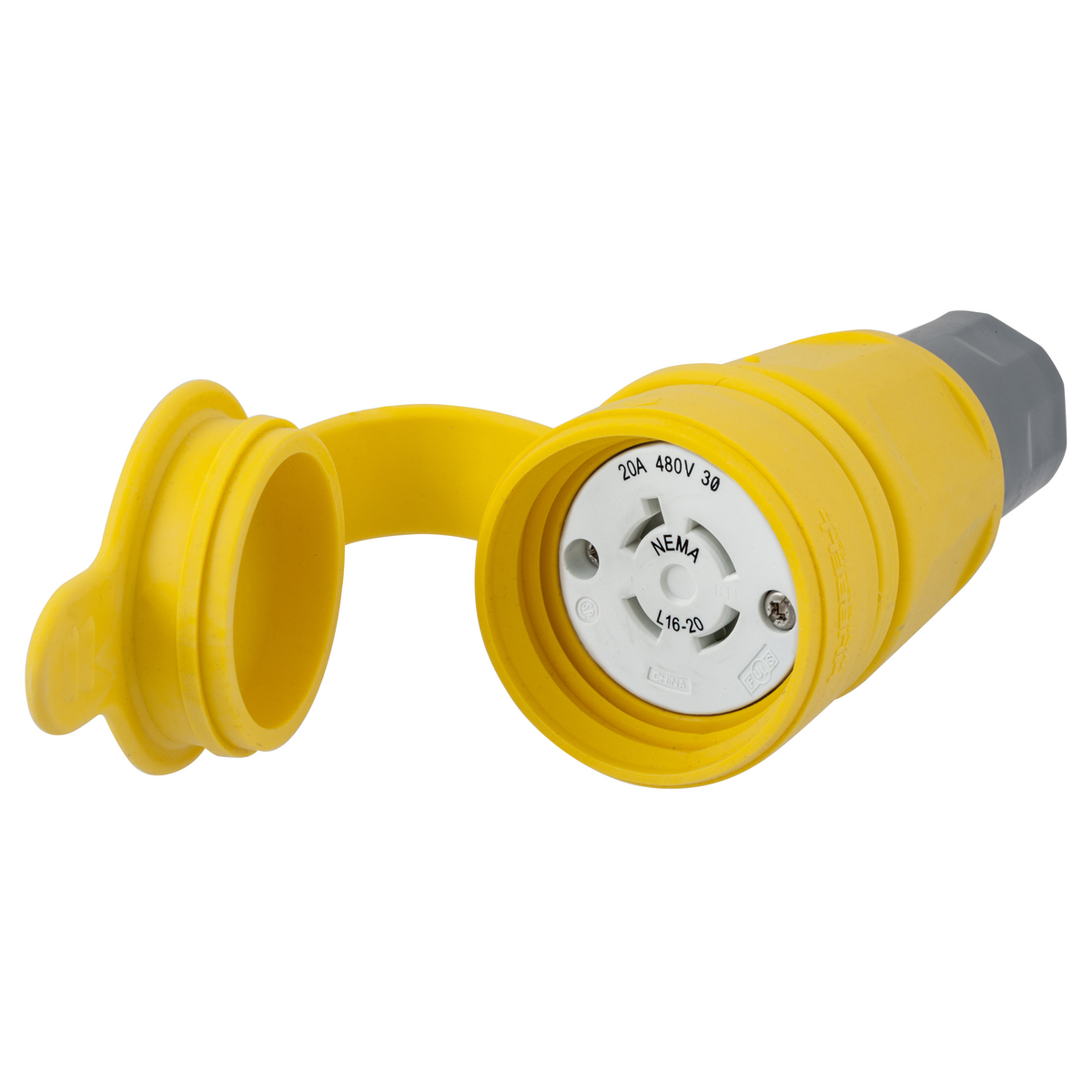 HBL27W76 3-Phase Isolated Grounding Standard Sized Water/Dust-Tight Cord Mount Watertight Female Connector, 480 Delta V AC, 20 A, 3 Poles, 4 Wires, Yellow