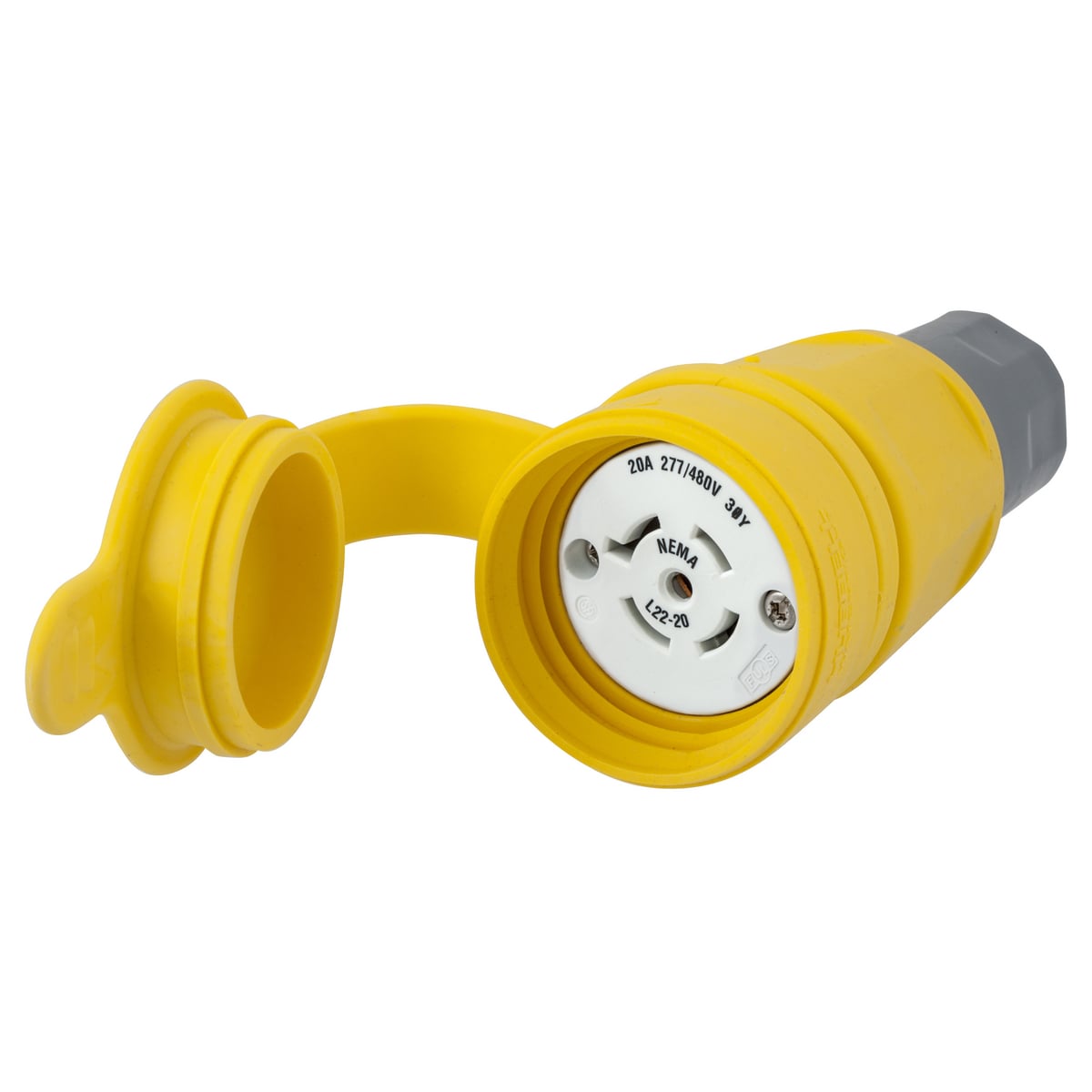 HBL27W82 3-Phase Isolated Grounding Standard Sized Water/Dust-Tight Cord Mount Watertight Female Connector, 277Y/480 V AC, 20 A, 4 Poles, 5 Wires, Yellow
