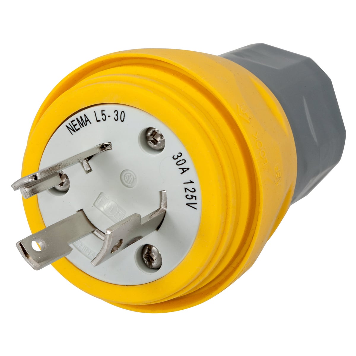 HBL28W47 1-Phase Grounding Male Portable Water/Dust Tight Standard Sized Cord Mount Watertight Locking Plug, 125 V AC, 30 A, 2 Poles, 3 Wires, Yellow