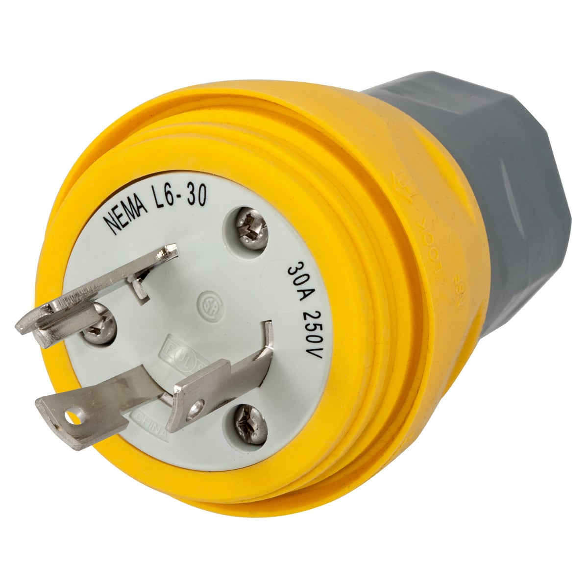 HBL28W48 1-Phase Grounding Male Portable Water/Dust Tight Standard Sized Cord Mount Watertight Locking Plug, 250 V AC, 30 A, 2 Poles, 3 Wires, Yellow