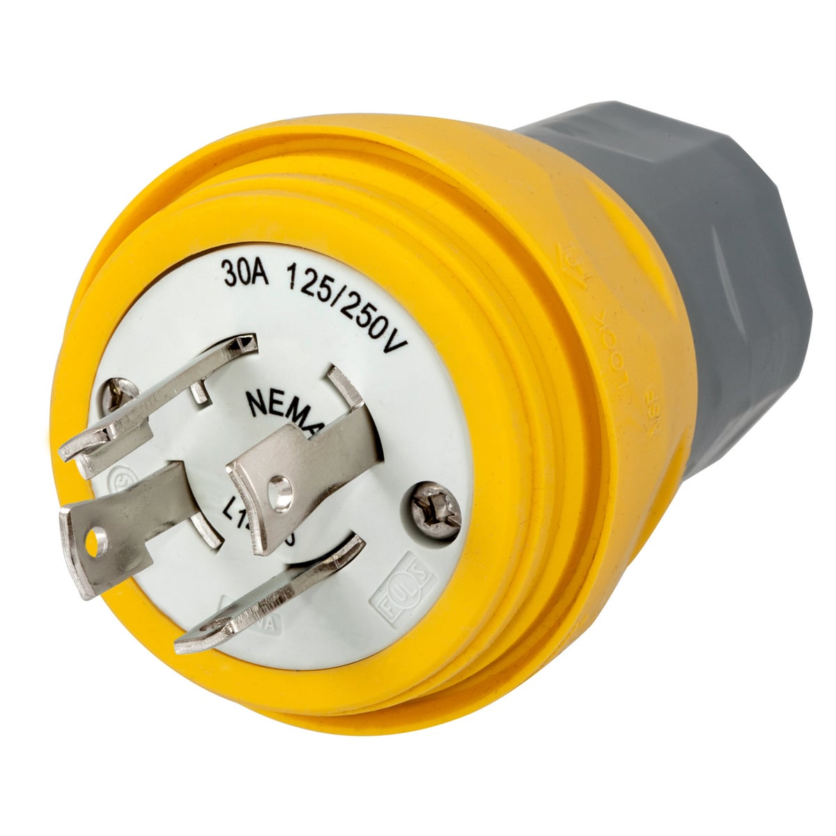 HBL28W74 1-Phase Grounding Male Standard Cord Mount Watertight Locking Plug, 125/250 V AC, 30 A, 3 Poles, 4 Wires, Yellow