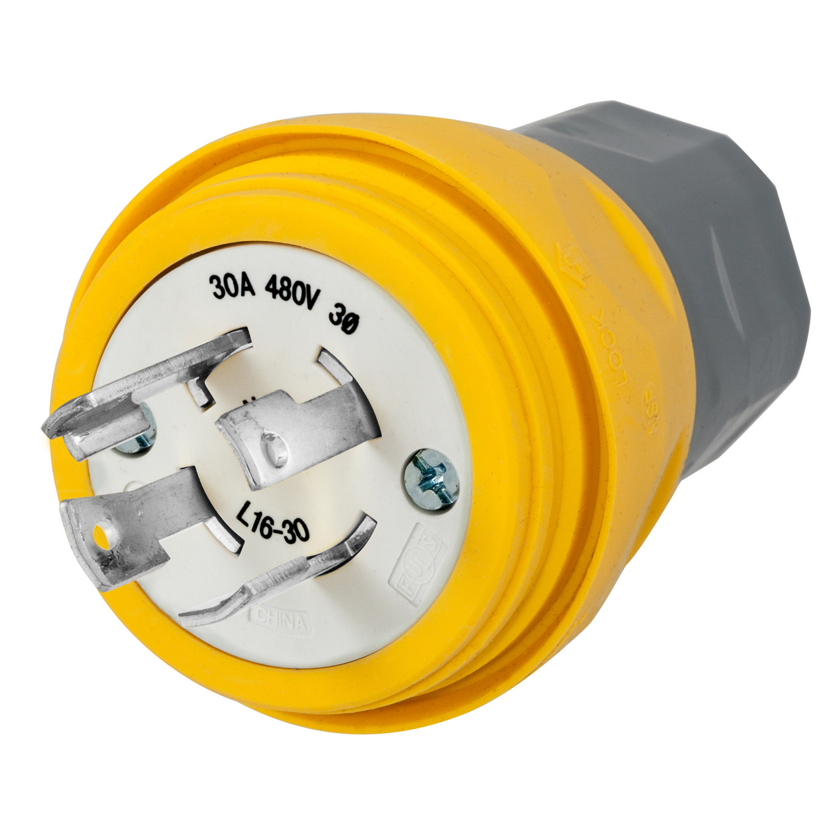 HBL28W76 3-Phase Grounding Male Watertight Standard Sized Cord Mount Locking Plug, 480 V AC, 30 A, 3 Poles, 4 Wires, Yellow