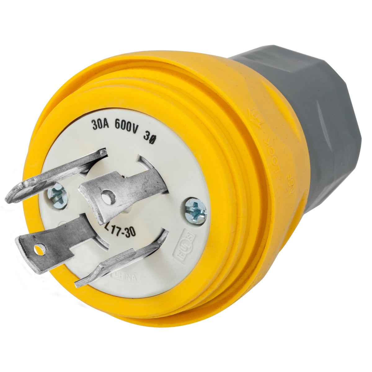 HBL28W77 3-Phase Grounding Portable Standard Sized Water/Dust-Tight Cord Mount Watertight Locking Male Plug, 600 V AC, 30 A, 3 Poles, 3 Wires, Yellow