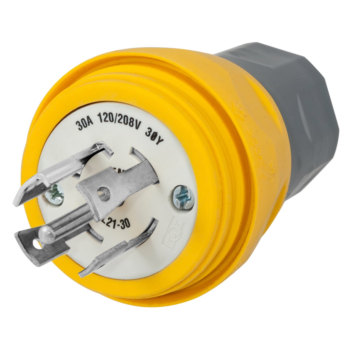 HBL28W81 3-Phase Grounding Male Portable Standard Watertight Cord Mount Locking Plug, 120/208 V AC, 30 A, 4 Poles, 5 Wires, Yellow