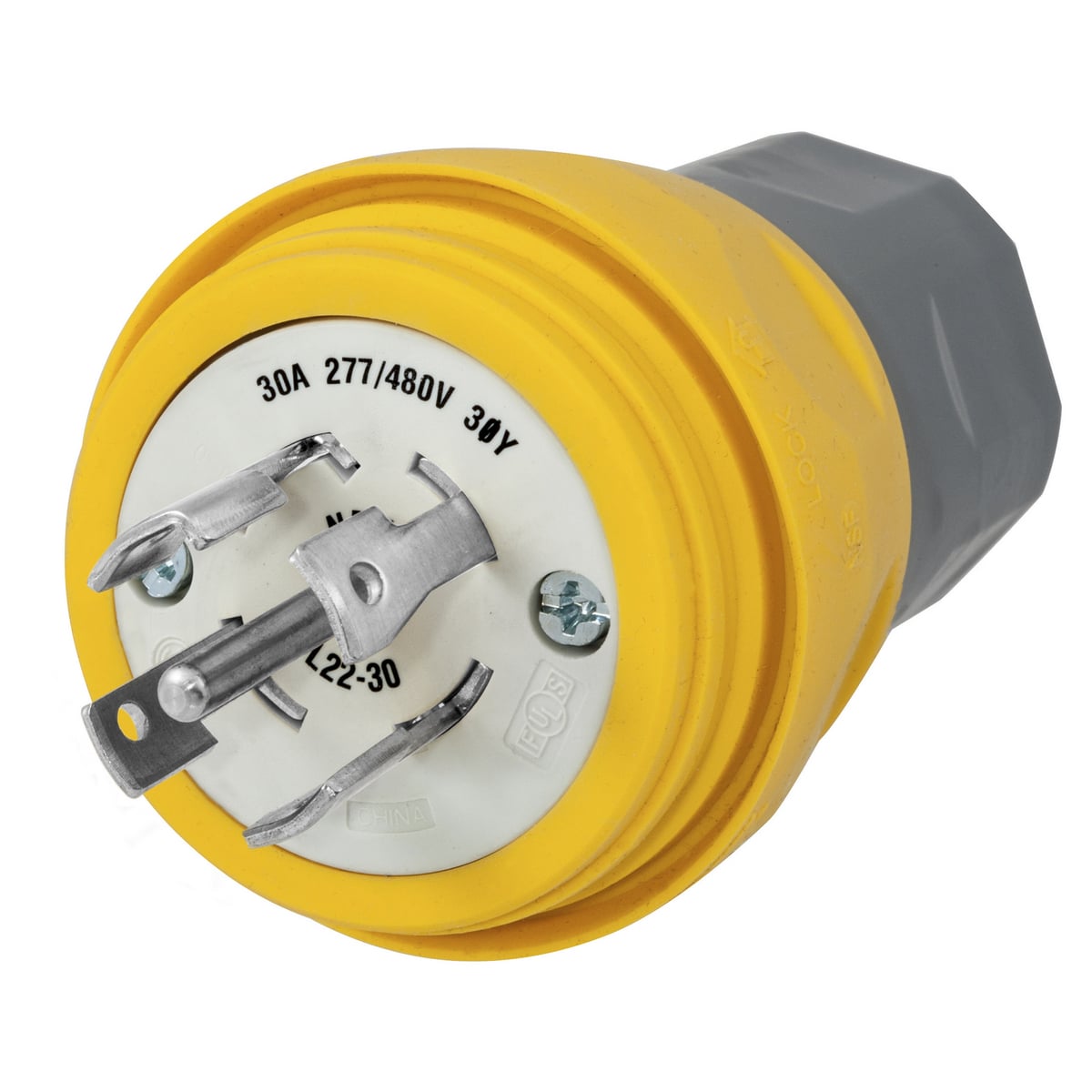 HBL28W82 3-Phase Grounding Male Portable Standard Watertight Cord Mount Locking Plug, 277/480 VAC, 30 A, 4 Poles, 5 Wires, Yellow