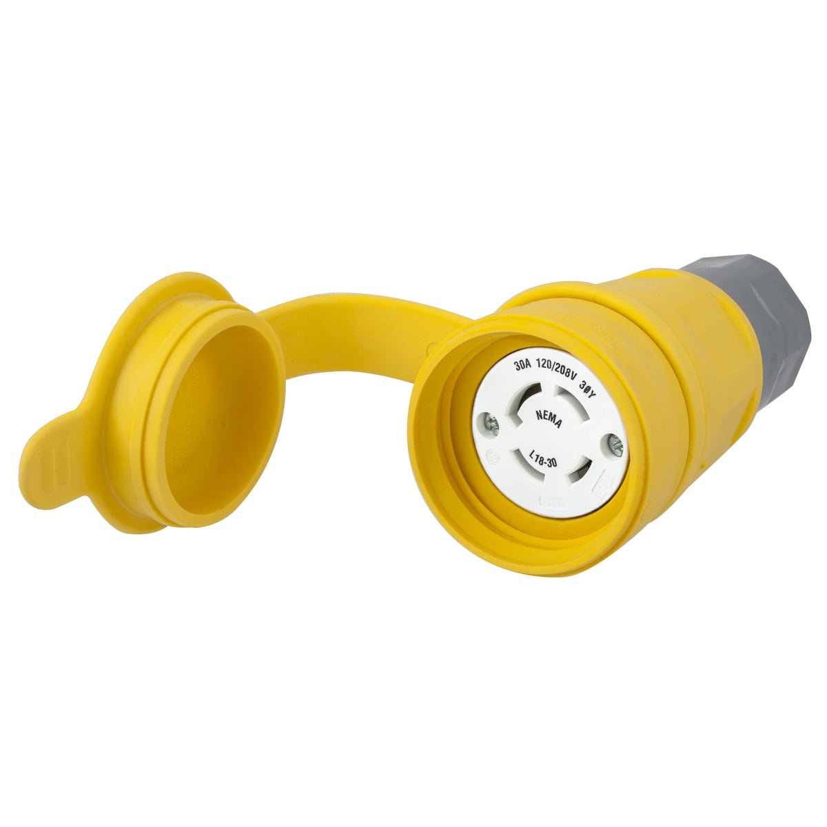 HBL29W78 3-Phase Isolated Grounding Standard Sized Water/Dust-Tight Cord Mount Watertight Female Connector, 120Y/208 VAC, 30 A, 4 Poles, 5 Wires, Yellow