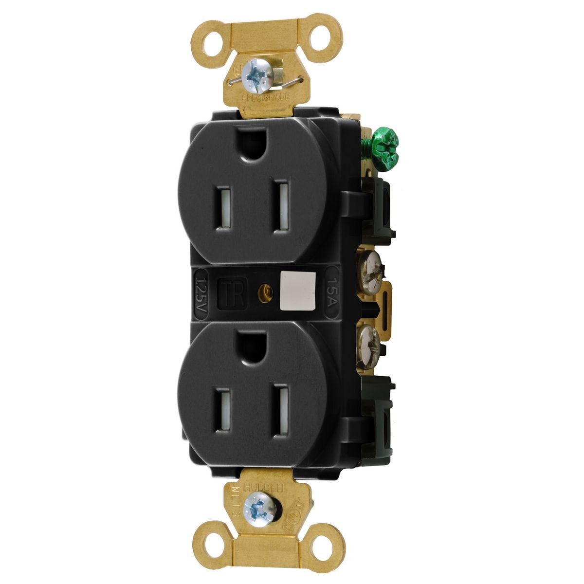 HBL5262BKTR Duplex Extra Heavy Duty Grounding Tamper-Resistant Traditional Straight Blade Receptacle, 125 VAC, 15 A, 2 Poles, 3 Wires, Black