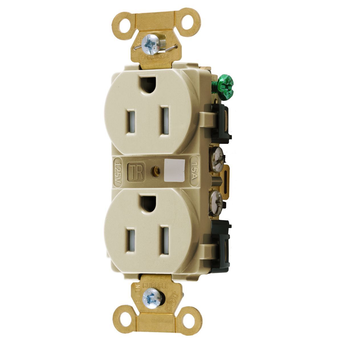 HBL5262ITR Duplex Extra Heavy Duty Grounding Tamper-Resistant Traditional Straight Blade Receptacle, 125 V AC, 15 A, 2 Poles, 3 Wires, Ivory