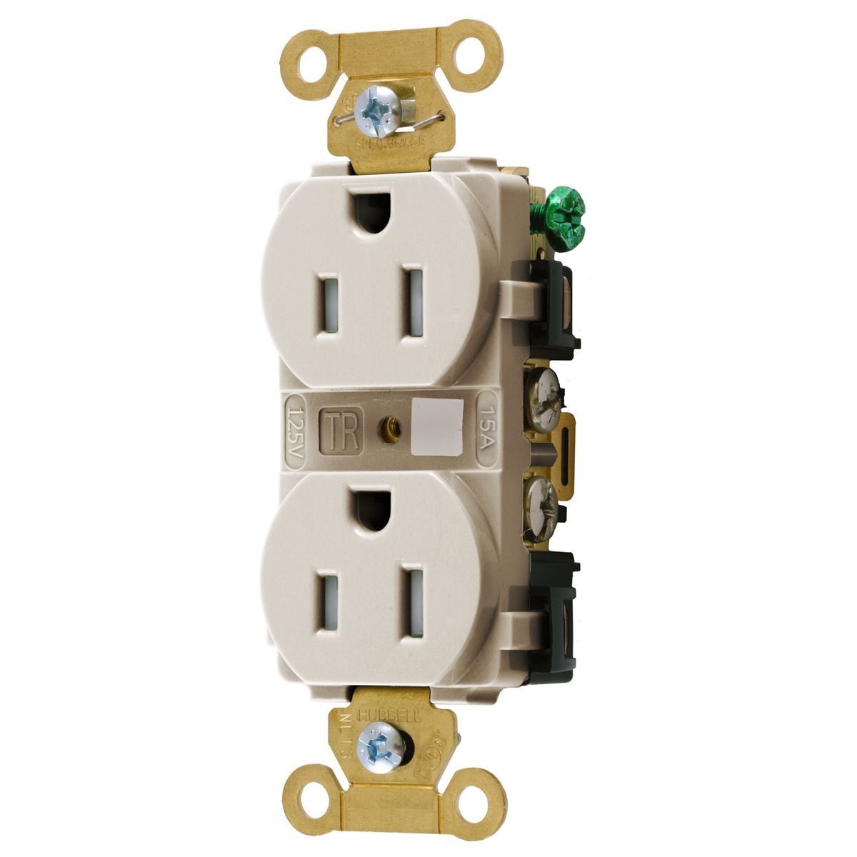 HBL5262LATR Duplex Extra Heavy Duty Grounding Tamper-Resistant Traditional Straight Blade Receptacle, 125 VAC, 15 A, 2 Poles, 3 Wires, Light Almond