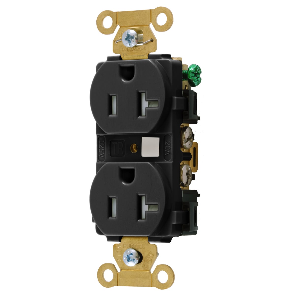HBL5362BKTR 1-Phase Duplex Extra Heavy Duty Grounding Standard Tamper-Resistant Traditional Screw Mount Straight Blade Receptacle, 125 V AC, 20 A, 2 Poles, 3 Wires, Black