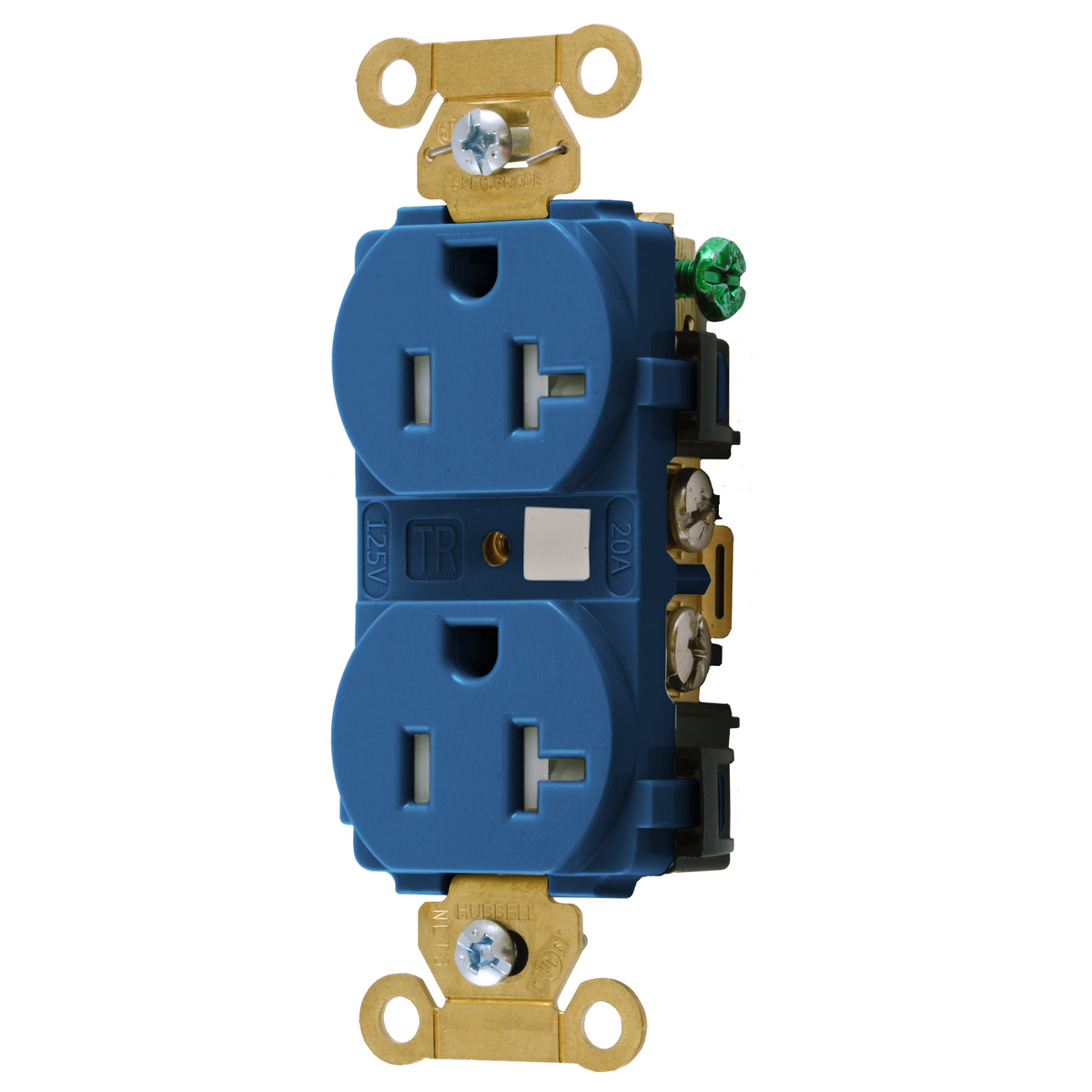 HBL5362BLTR Duplex Extra Heavy Duty Grounding Tamper-Resistant Traditional Straight Blade Receptacle, 125 V AC, 20 A, 2 Poles, 3 Wires, Blue