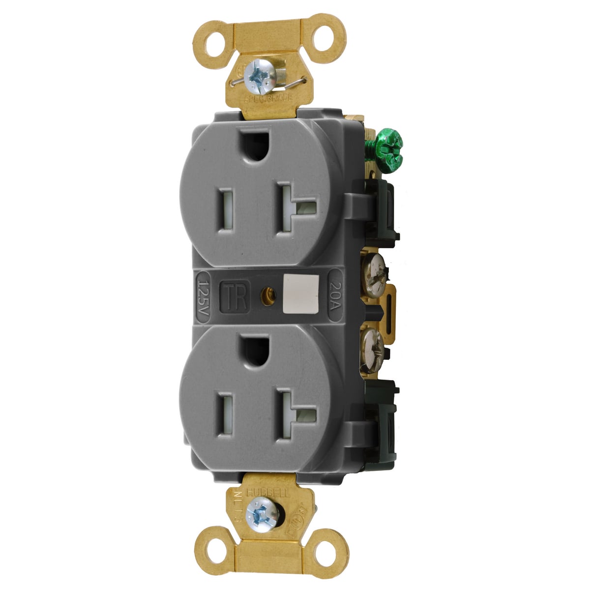 HBL5362GYTR 1-Phase Duplex Extra Heavy Duty Grounding Standard Tamper-Resistant Traditional Screw Mount Straight Blade Receptacle, 125 VAC, 20 A, 2 Poles, 3 Wires, Gray
