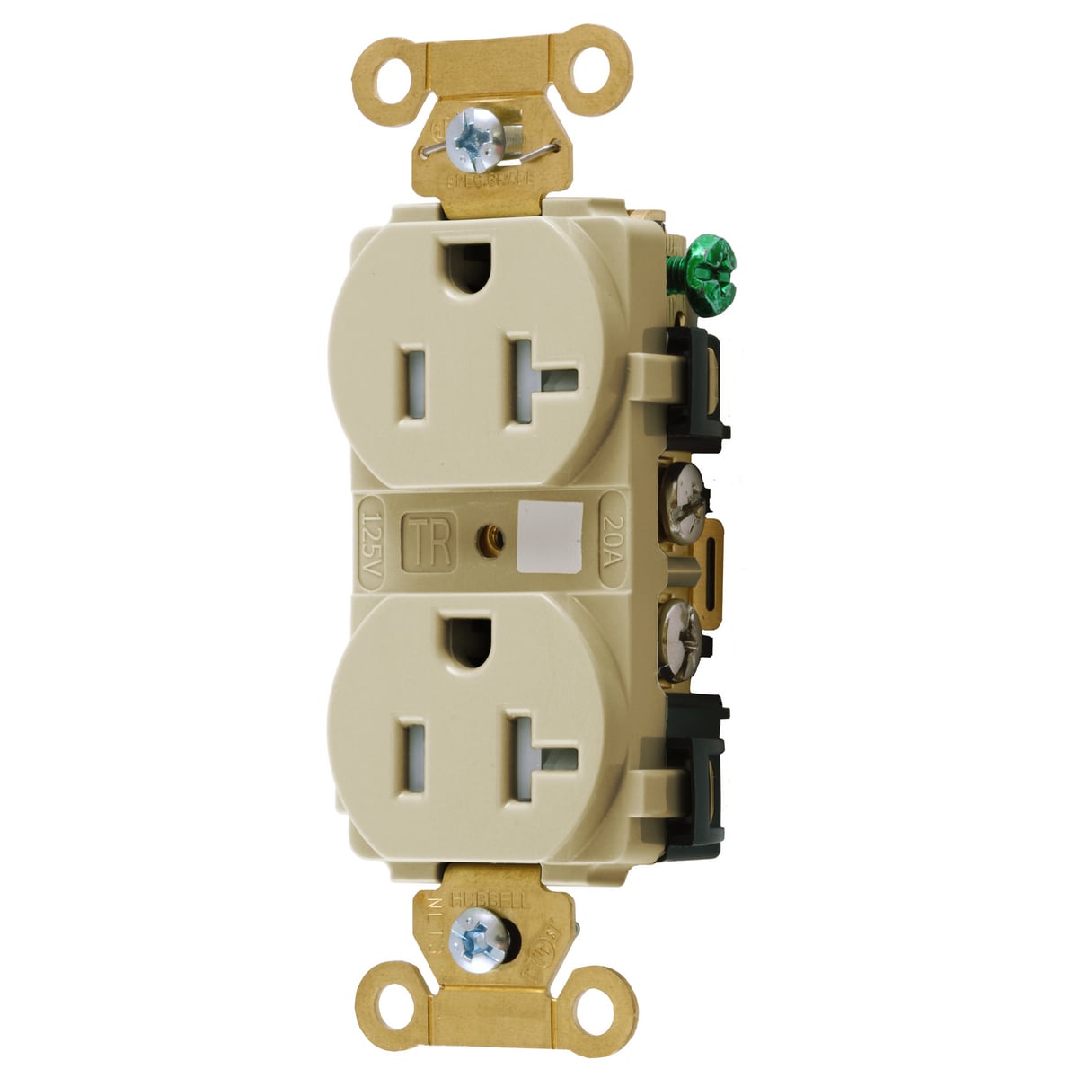 HBL5362ITR Grounding Heavy Duty Straight Blade Duplex Receptacle, 125 V AC, 20 A, 2 Poles, 3 Wires, Ivory