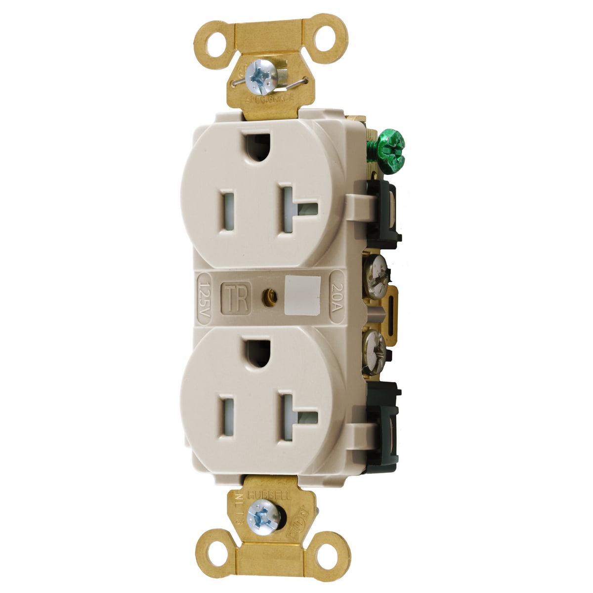 HBL5362LATR 1-Phase Duplex Extra Heavy Duty Grounding Standard Tamper-Resistant Traditional Screw Mount Straight Blade Receptacle, 125 V AC, 20 A, 2 Poles, 3 Wires, Light Almond