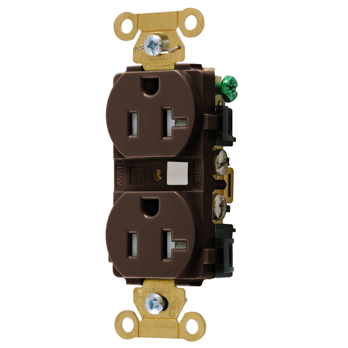 HBL5362TR 1-Phase Duplex Extra Heavy Duty Grounding Standard Tamper-Resistant Traditional Screw Mount Straight Blade Receptacle, 125 V AC, 20 A, 2 Poles, 3 Wires, Brown