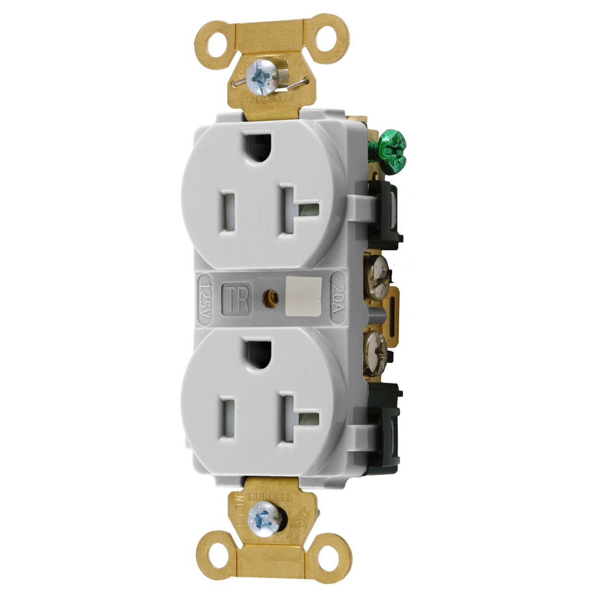 HBL5362WTR 1-Phase Duplex Extra Heavy Duty Grounding Standard Tamper-Resistant Traditional Screw Mount Straight Blade Receptacle, 125 V AC, 20 A, 2 Poles, 3 Wires, White