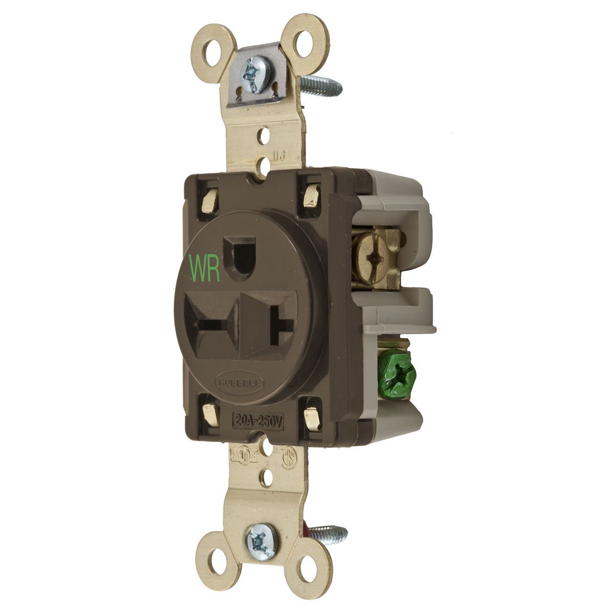 HBL5461WR 1-Phase Extra Heavy Duty Grounding Single Standard Weather-Resistant Screw Mount Straight Blade Receptacle, 250 V AC, 20 A, 2 Poles, 3 Wires, Brown