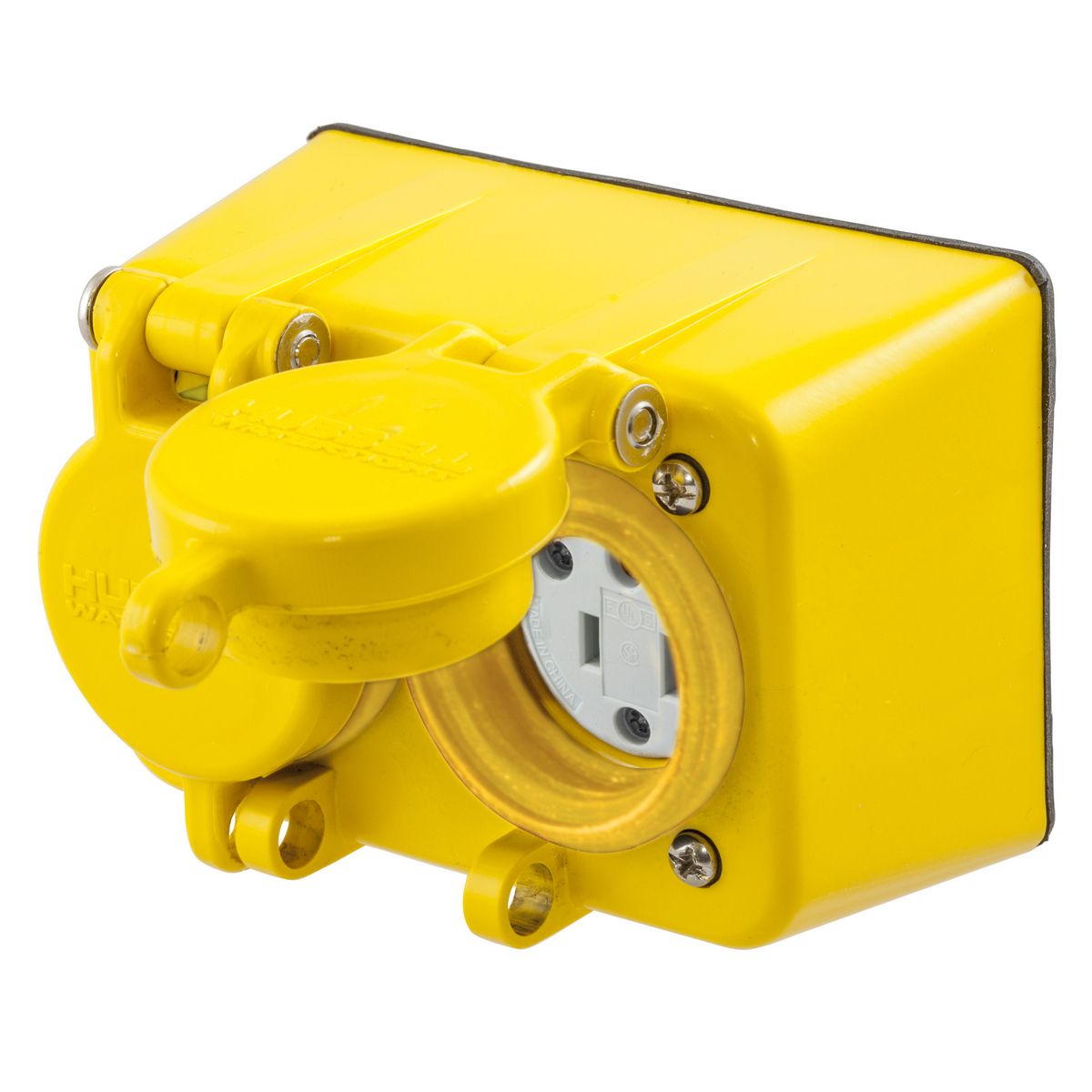 HBL60W33D 1-Phase Duplex Grounding Standard Watertight Screw Mount Straight Blade Receptacle, 125 V AC, 20 A, 2 Poles, 3 Wires, Yellow
