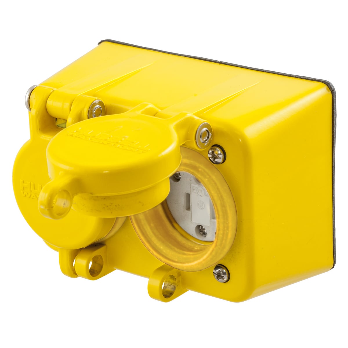 HBL60W47D 1-Phase Duplex Grounding Standard Watertight Screw Mount Straight Blade Receptacle With Lift Cover, 125 V AC, 15 A, 2 Poles, 3 Wires, Yellow