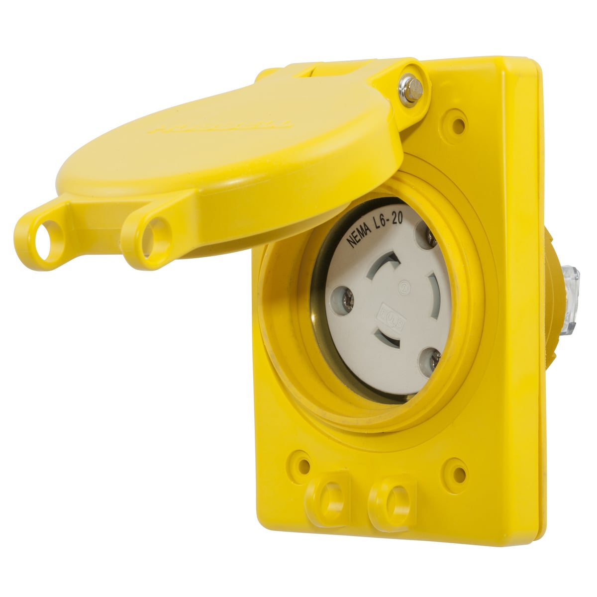HBL67W48 1-Phase Grounding Standard Single Watertight Screw Mount Locking Receptacle, 250 V AC, 20 A, 2 Poles, 3 Wires, Yellow