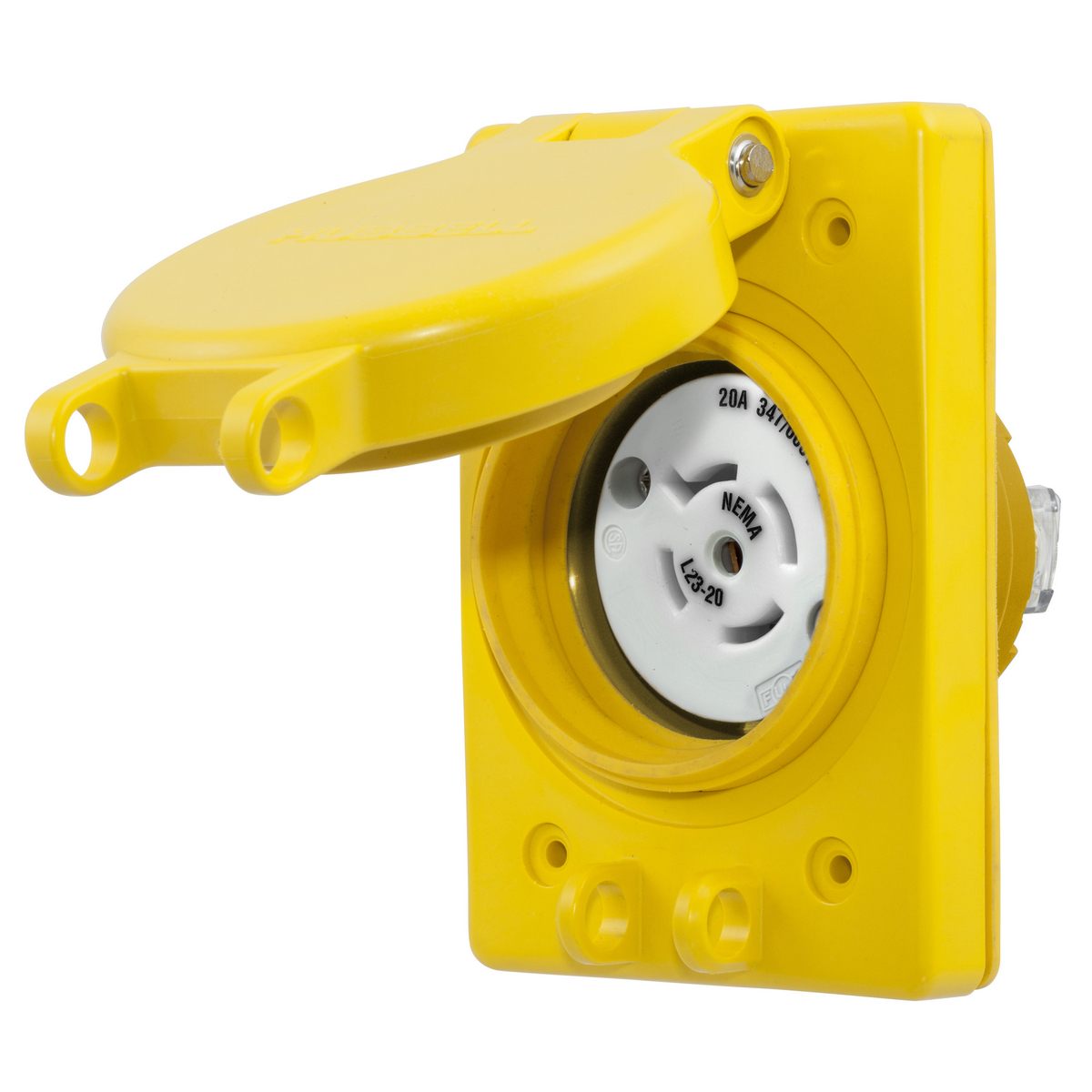 HBL67W83 3-Phase Grounding Standard Single Watertight Screw Mount Locking Receptacle, 347/600 V AC, 20 A, 4 Poles, 5 Wires, Yellow