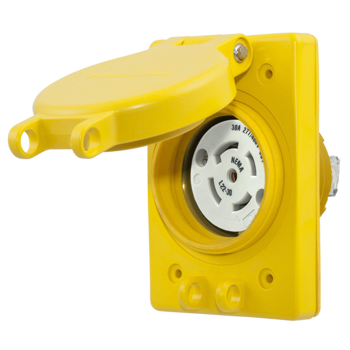 HBL69W82 3-Phase Grounding Single Standard Watertight Screw Mount Locking Receptacle With Lift Cover, 30 A, 4 Poles, 5 Wires, Yellow