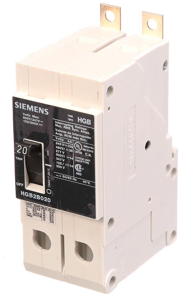 HGB2B020B Low Voltage Molded Case Circuit Breaker, 480 V AC, 20 A, 35 kA Interrupt, 2 Poles, Thermal Magnetic Trip