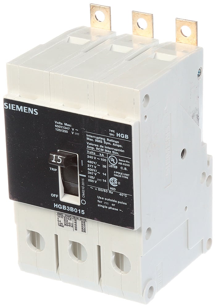 HGB3B015B Type HGB Low Voltage Molded Case Circuit Breaker, 480 V AC, 15 A, 35 kA Interrupt, 3 Poles, Thermal Magnetic Trip