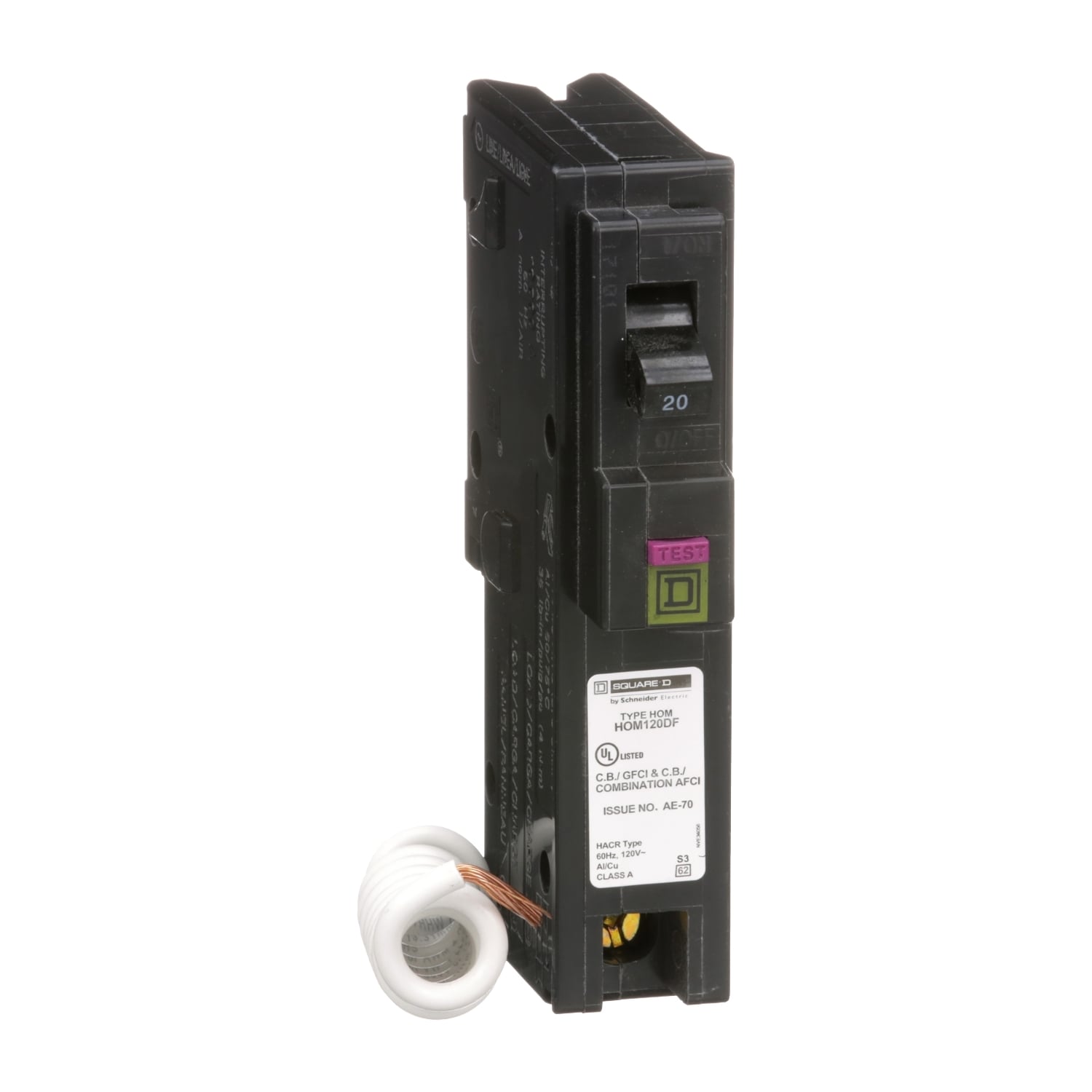 HOM120DF Homeline Miniature Circuit Breaker, 20 Amp, 1 Pole, 120V