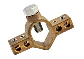 IGBC-075 Bridgeport Mighty-Bond Direct Burial Ground Rod Bridge Clamp, 5/8 to 3/4 in Rod, 4 to 1/0 AWG Conductor, Brass