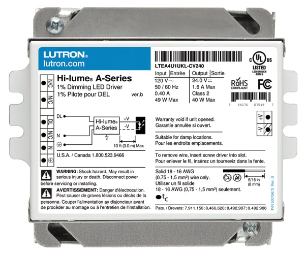 LTEA4U1UKL-AV120 Hi-Lume Architectural Style Dimming LED Driver, 120/277 V AC Input, 12 VAC Output, 40 W Power Rating, 4.9 in L 3 in W