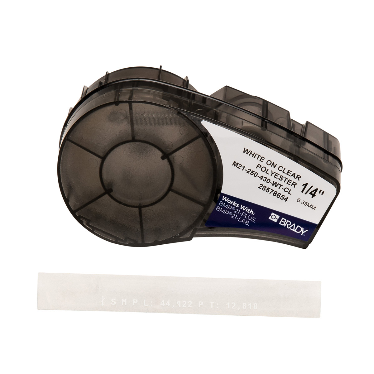 M21-250-430-WT-CL WorkHorse BMP21 Printer Label, 21 ft L x 1/4 in W, White on Clear, B-430 Polyester