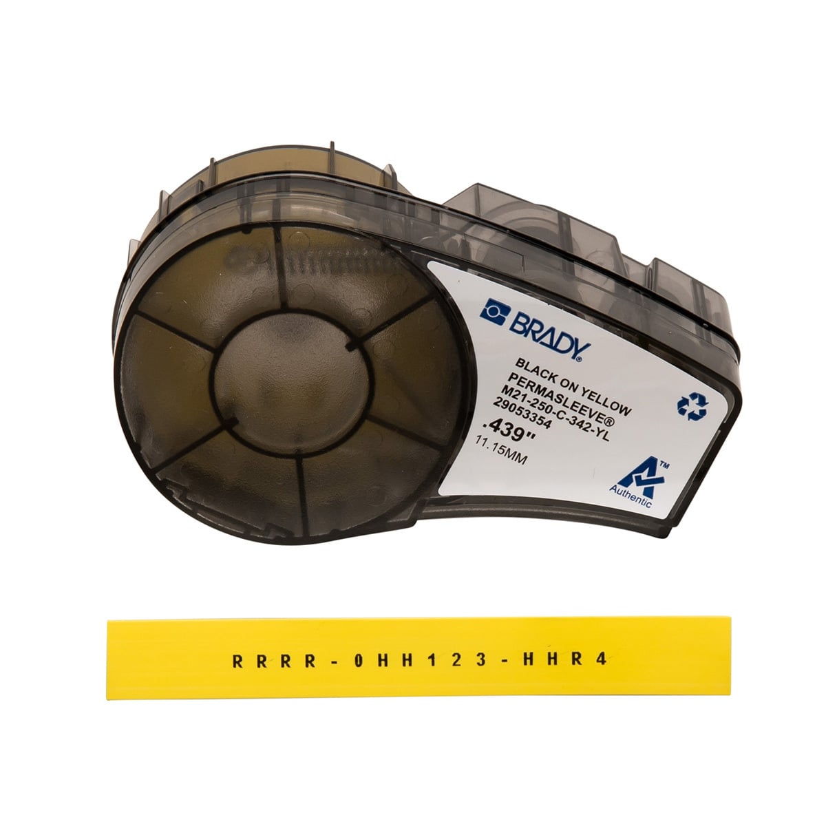 M21-250-C-342-YL PermaSleeve BMP21 Heat Shrink Tubing Cartridge Label, 7 ft L x 0.439 in W, Black on Yellow, B-342 Polyolefin