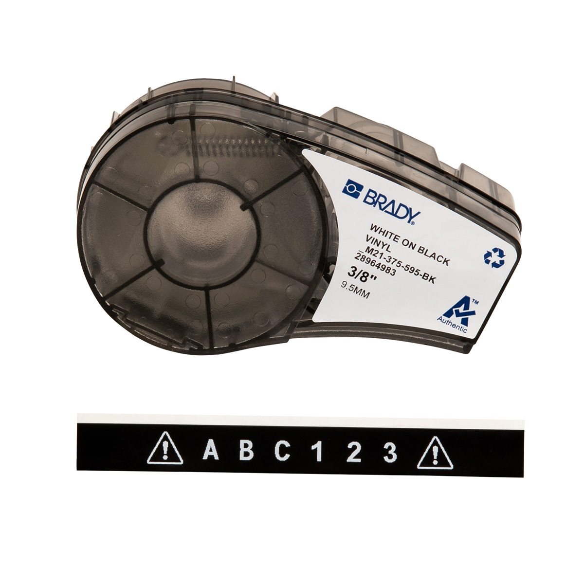 M21-375-595-BK BMP21 Cartridge Label, 21 ft L x 3/8 in W, White on Black, B-595 Vinyl