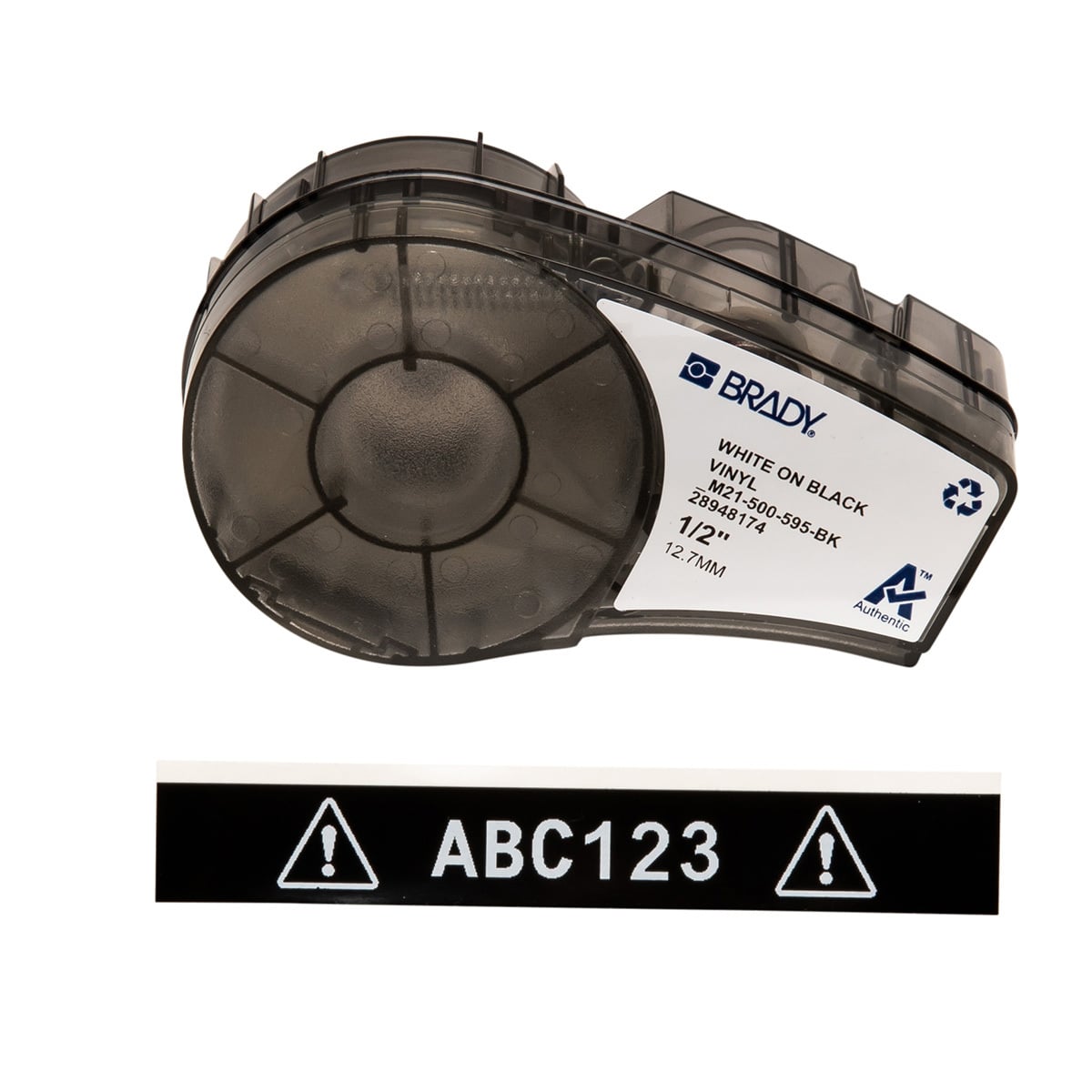 M21-500-595-BK BPM21 Label Cartridge, 21 ft L x 1/2 in W, For Use With BMP 21 PLUS Portable Label Printers, IDPAL and LABPAL Handheld Label Maker, B-595 Vinyl, White on Black