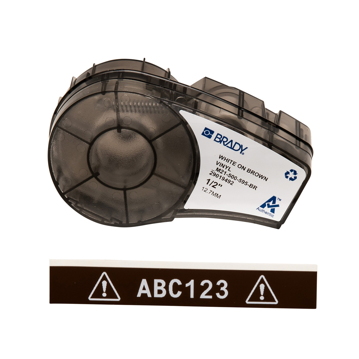 M21-500-595-BR BMP21 Printer Label, 21 ft L x 1/2 in W, White on Brown, B-595 Vinyl