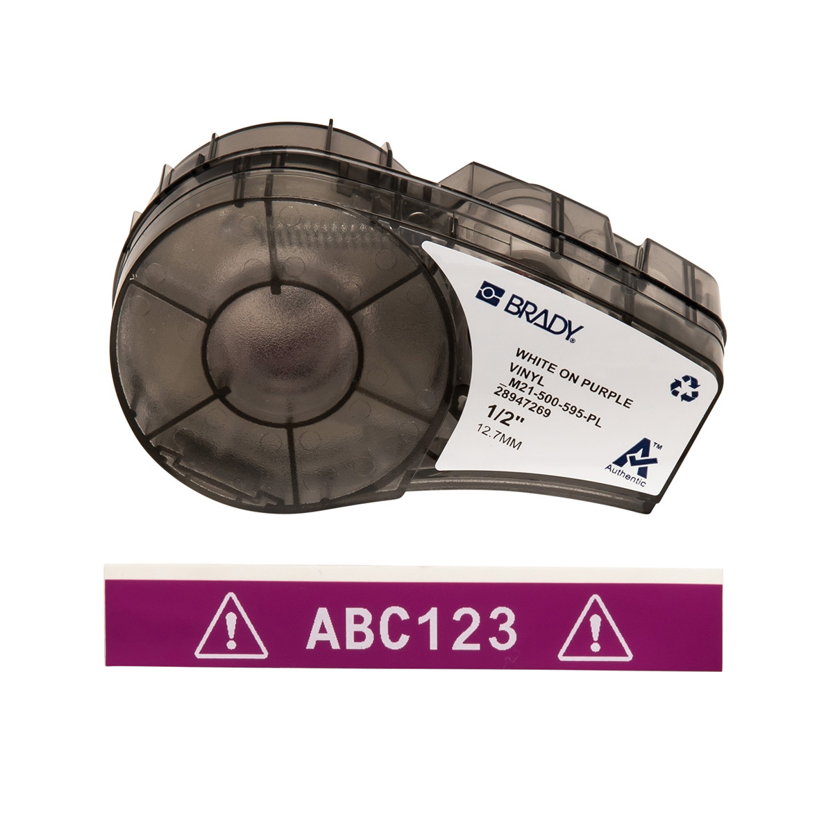 M21-500-595-PL BMP21 Printer Label, 21 ft L x 1/2 in W, White on Purple, B-595 Vinyl