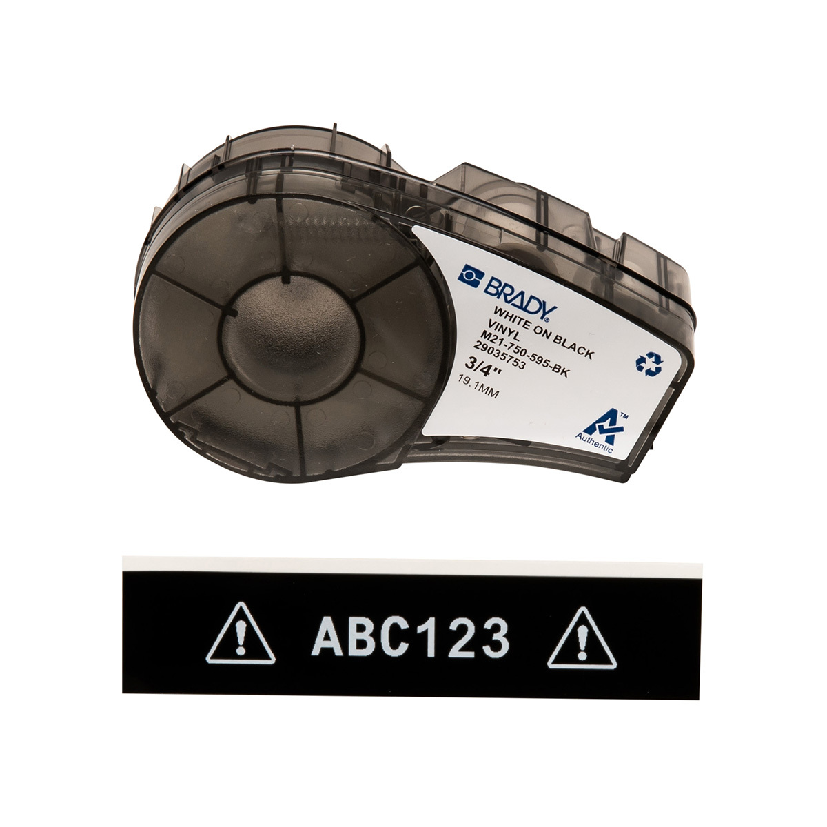 M21-750-595-BK BPM21 Printer Label, 21 ft L x 3/4 in W, For Use With BMP 21 PLUS Portable Label Printers, IDPAL and LABPAL Handheld Label Maker, B-595 Vinyl, White on Black